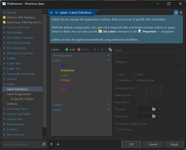 Preferences - Label Definitions