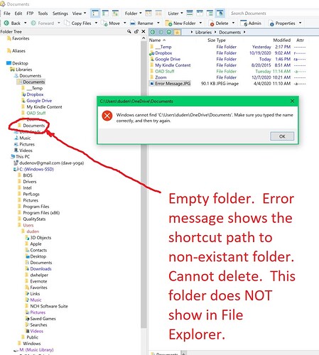 DOPUS View of empty Documents folder - Annotated
