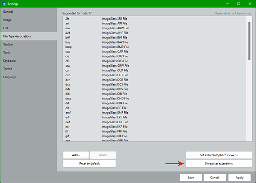 ImageGlass - Unregister Extensions