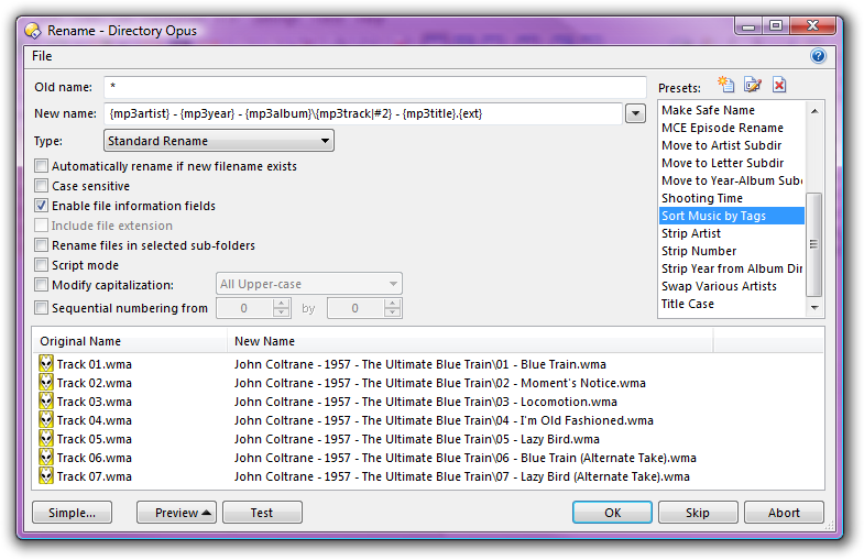 Various Simple Rename Presets Rename Presets Directory Opus 